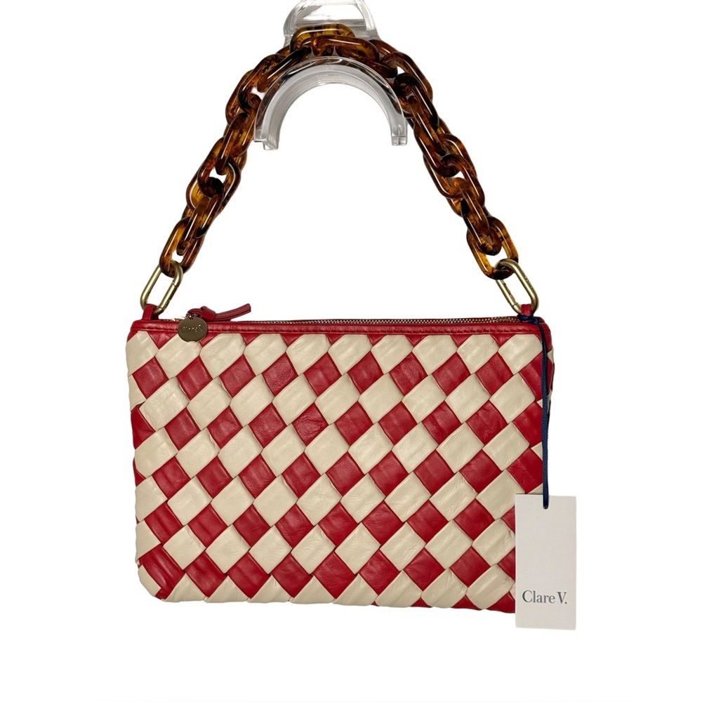 Clare V. Puffy Woven Flat Clutch Red Cream Leather Bag + Dust Bag NWT Giftable - Picture 2 of 9